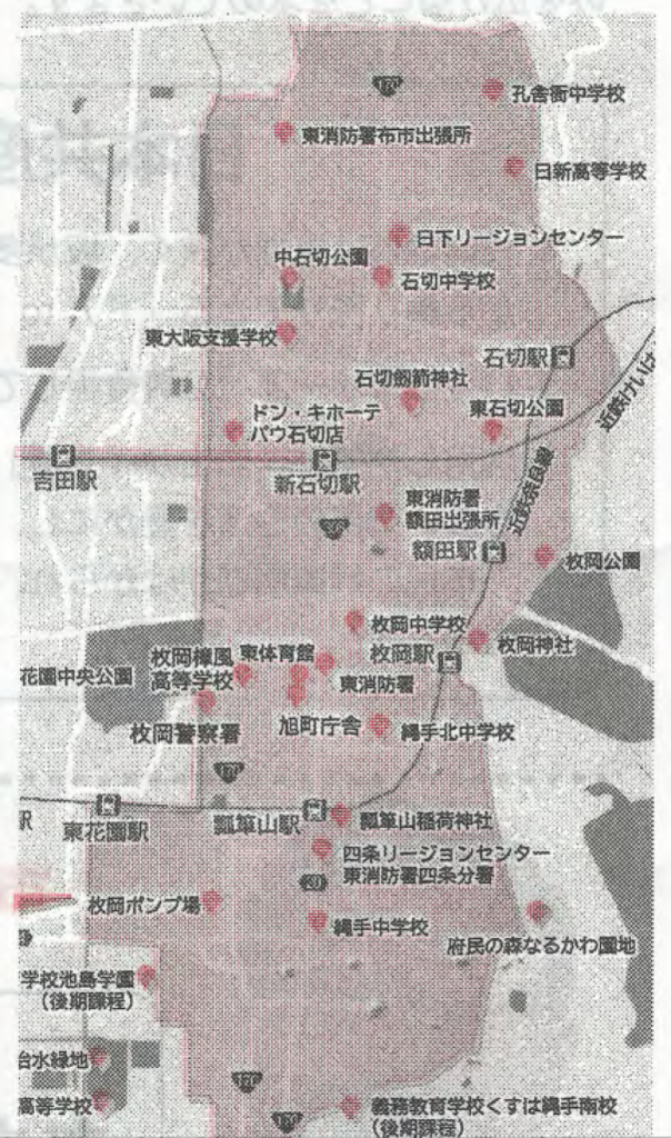 東大阪市善根寺町、池之端町、日下町、布市町、元町、上石切町、北石切町、中石切町、西石切町、東石切町、神田町、御幸町、末広町、瓢箪山町、四条町、南四条町、上四条町、下六万寺町、六万寺町、上六万寺町、横小路町、池島町、新池島町、若草町
（いずれも山間部を除く）